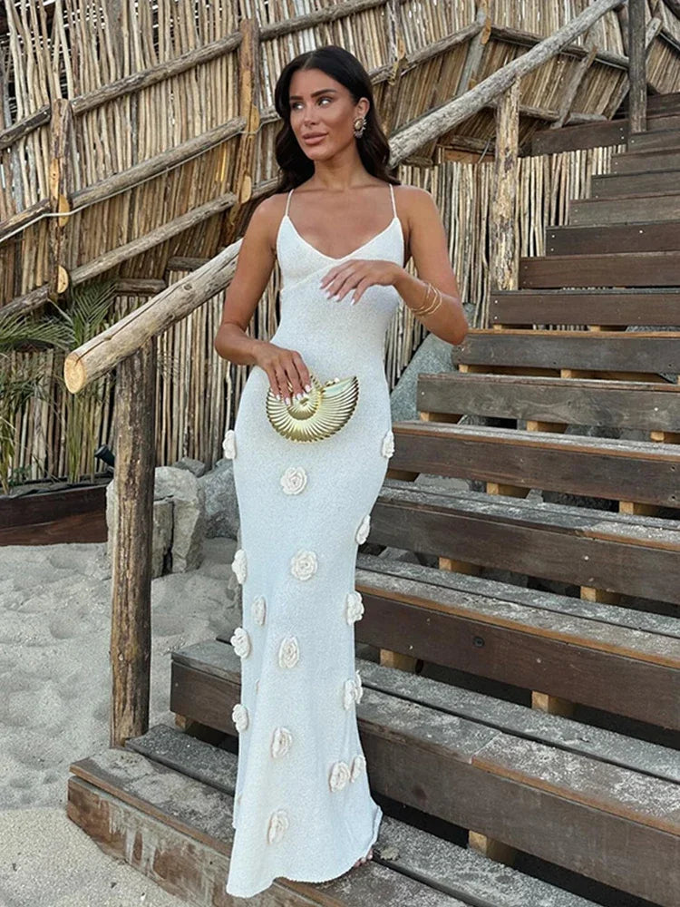 Aiertu  -  Elegant 3D Flower Knitted Long Dress Women Deep V-neck Spaghetti Strap Backless Sleeveless Beach Dresses 2025 Summer Lady Robes Aiertu
