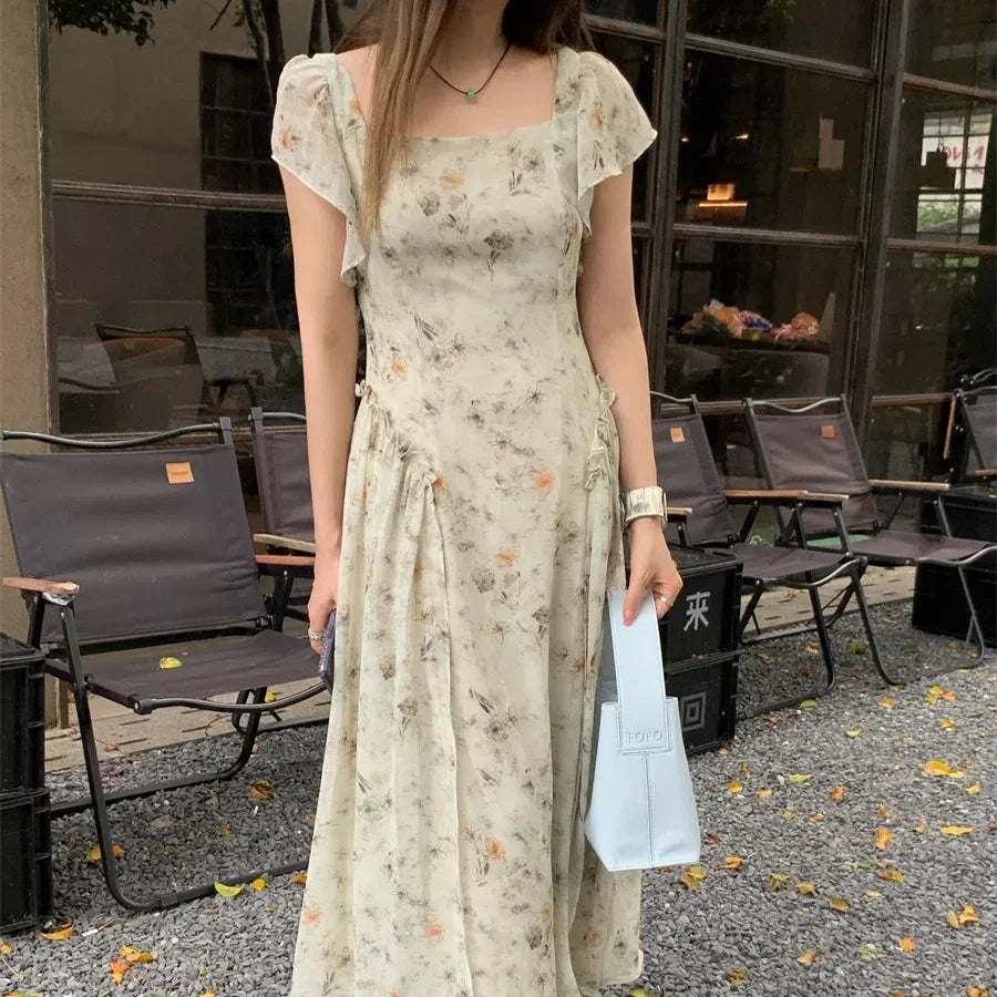 Aiertu  -  Vintage Elegant Women's Slim Summer Long Chiffon Dress Smudge Flower Square Collar Flattering Maxi Sundress Female Aiertu