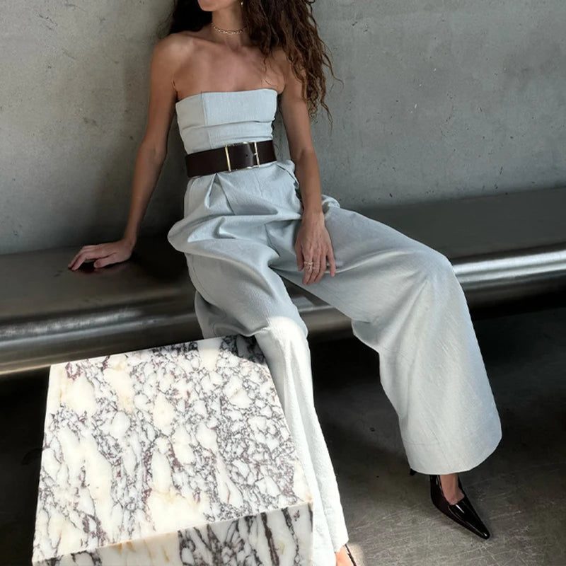 Aiertu  -  Temperament Women Strapless Rompers 2025 Spring Off-shoulder Backless High-waist Folds Jumpsuits Wide Leg Pants With Belted Aiertu