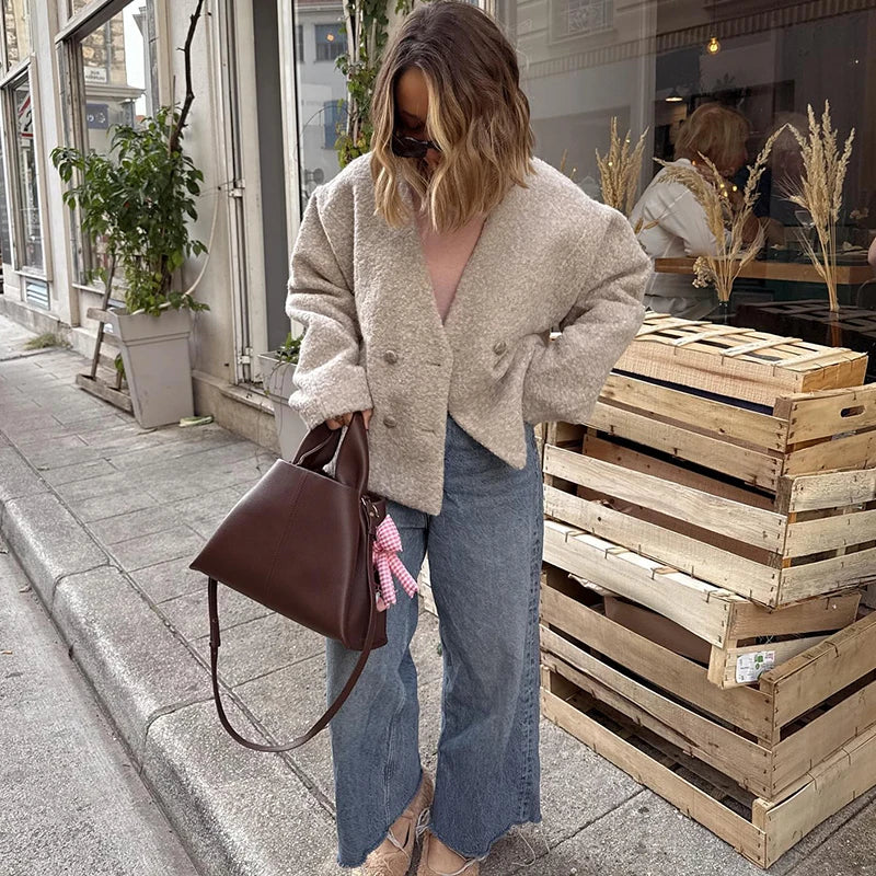 PICSGIRL  -  Faux Fur Jackets Women Casual Loose V Neck Double Breasted Thick Warm Coats Female  Winter Fashion Solid Long Sleeves Coat Aiertu