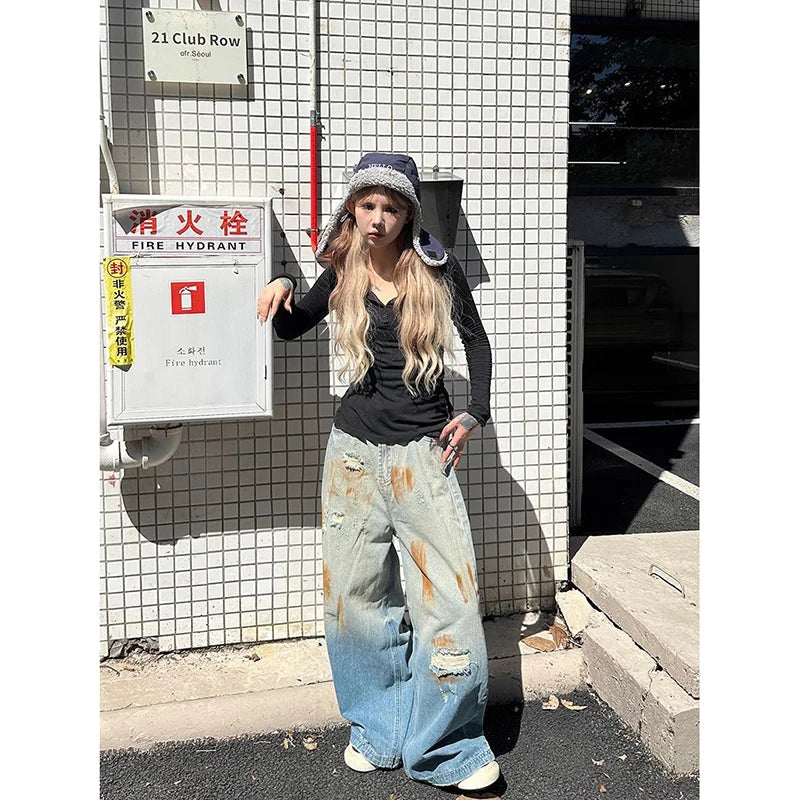 Aiertu  Summer Women's Blue Print Ripped Jeans Harajuku Y2k 2000s Style Baggy Denim Trousers Vintage Punk Trashy Oversize Jean Pants Aiertu