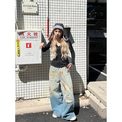 Aiertu  Summer Women's Blue Print Ripped Jeans Harajuku Y2k 2000s Style Baggy Denim Trousers Vintage Punk Trashy Oversize Jean Pants Aiertu