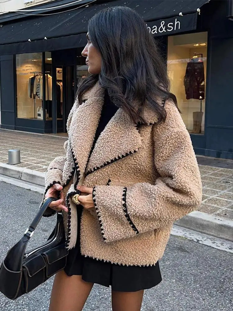 Aiertu  -  Women Contrasting One Button Lamb Woolen Coat Fashion Lapel Long Sleeves Short Plush Jacket Autumn Casual Lady Street Outwear Aiertu