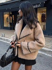 Aiertu  -  Women Contrasting One Button Lamb Woolen Coat Fashion Lapel Long Sleeves Short Plush Jacket Autumn Casual Lady Street Outwear Aiertu