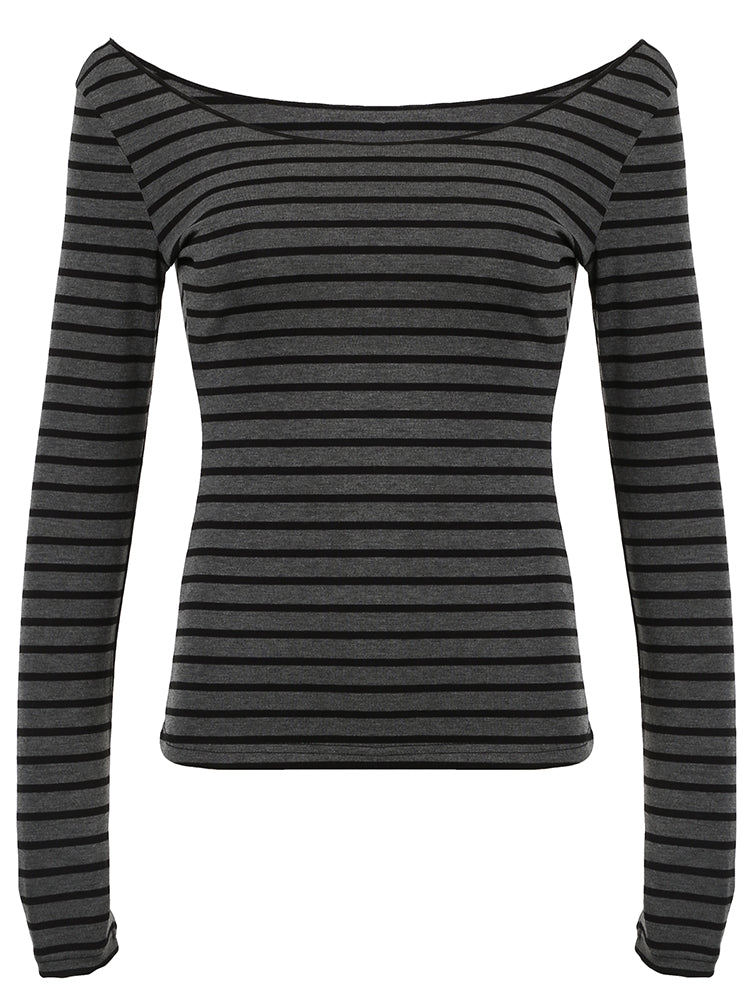 Aiertu - summer inspo Hot Japanese Basic Slim Long Sleeve Stripe Tee Off Shoulder O Neck Korean Street Style Spring Autumn Y2K Gray T Shirt Women Aiertu