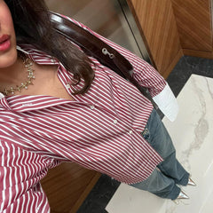 Aiertu  -  Women's Striped Shirt Fashion Loose Single Breasted Long Sleeved Top Office Lady Simple Splicing Long Shirt Female Aiertu