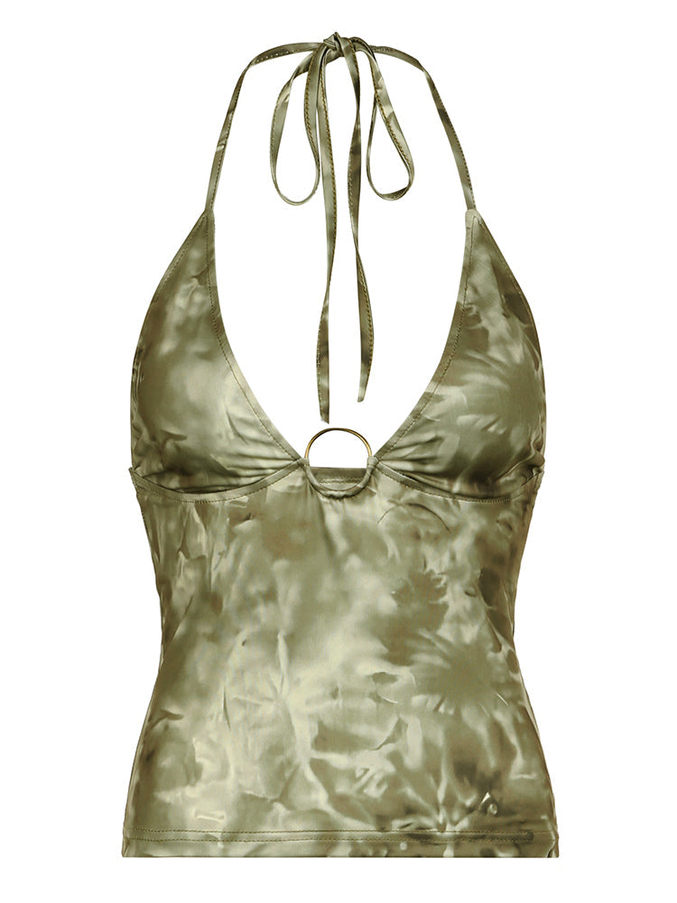 Aiertu - summer inspo Retro Forest Green Tie Dye Print Summer Boho Camisole Seeveless Backless Tie Halter V Neck Sexy Crop Top Women Vacation Shirts Aiertu