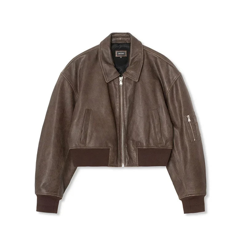 Aiertu  -  Fashion Lapel Leather Bomber Jacket Women Loose Zipper Long Sleeves Locomotive Coat Autumn New Lady High Street Outerwear Aiertu
