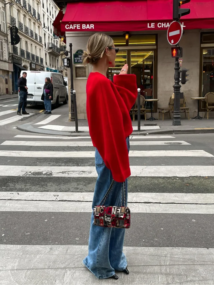 Aiertu  -  Chic Retro Red Women V-neck Loose Woolen Pullover Jacket Long Sleeve Knitted Sweater 2026 New Autumn Female Casual Knitwear Top Aiertu