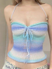 Aiertu  Cutout Beaded Halter Bow Knit Vest Aiertu