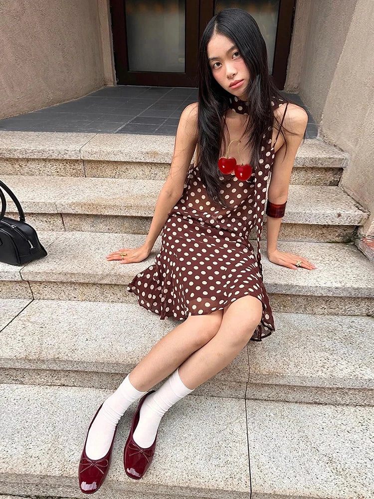 Aiertu  -  Elegant Sweet Polka Dot Print 3-Piece Set Women Scarf+v-Neck Camisole Tops+Skirts Leisure High Street Comfortable Suits Aiertu