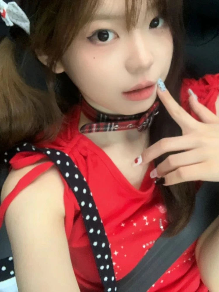 Aiertu  -  Summer Diamond Printing Streetwear Tank Top Women Y2k Aesthetic Sleeveless Harajuku Bandage Tanks Red Sexy Casual Grunge Tees Aiertu