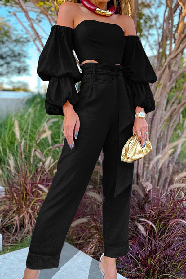 Aiertu  -  Elegant Solid With Belt Strapless Long Sleeve Two Pieces Aiertu