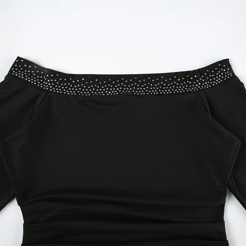Aiertu  -  Rhinestone Detail Off Shoulder Long Sleeve Mini Dress Women Fashion Slim Fit Black Short Dresses Spring Casual Outfit Aiertu