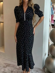 Aiertu  -  Print Short Sleeve Dress V Neck Maxi Dress For Women Elegant High Waist Button Print Sexy Slim Fashion Holiday Dress Aiertu