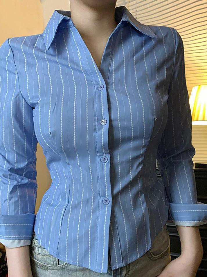 Aiertu  -Blue Striped Collared Long Sleeve Shirt aiertu