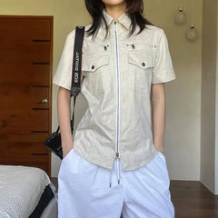 Aiertu  -  Pockets Zipper Short Sleeve Tops Y2k 2000s Style Shirts & Blouses for Woman Downtown Clothes P84-EE20 Aiertu