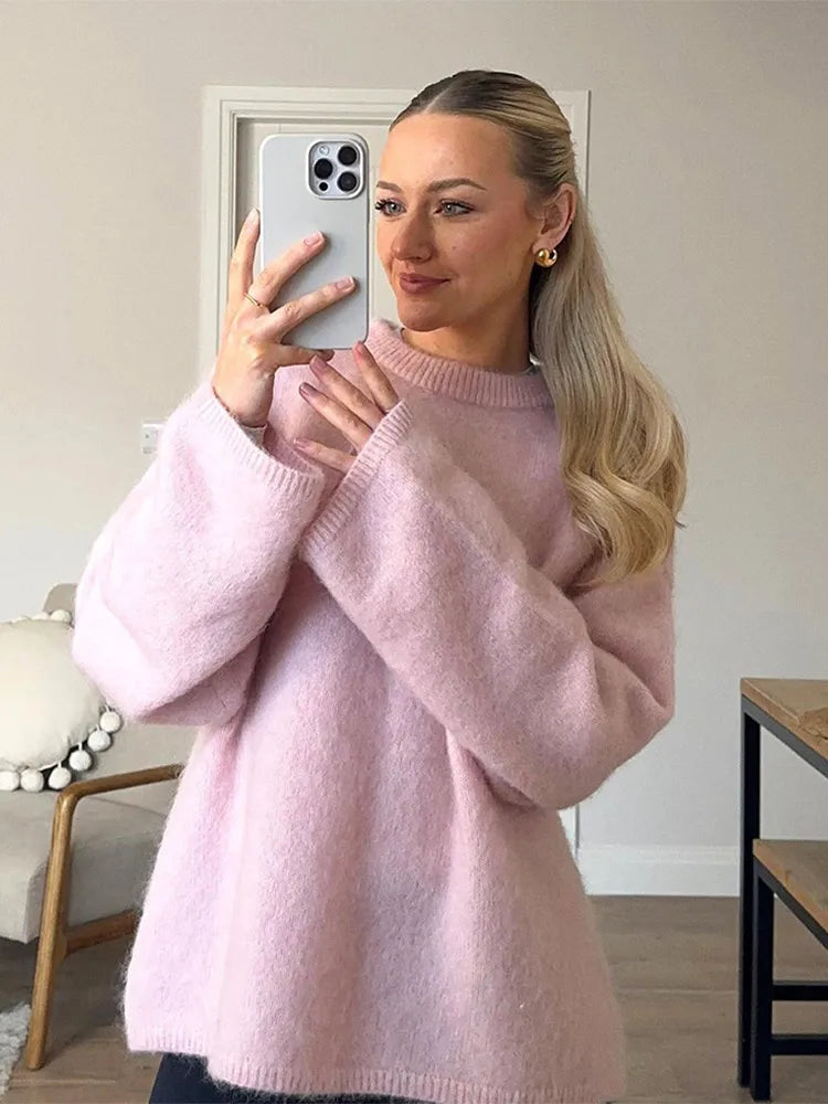 Aiertu  -  Pink Casual Loose O Neck Pullover Sweater For Women 2026 Autumn Elegant Long Sleeves Knitted Top Female New Chic Commute Jumpers Aiertu