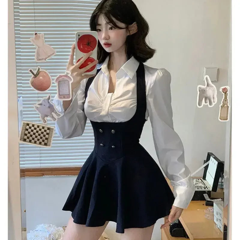 Aiertu spring birthday outfit Preppy Style Vintage Fashion Suit Woman White Shirt + Short Coat High Waist Slim Y2k Mini Dress Japanese Elegant Set 2025 Chic Aiertu