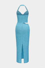 Aiertu  -  Halter Neck Asymmetrical Twist Knot Ruched Sleeveless Slit Maxi Dress Aiertu