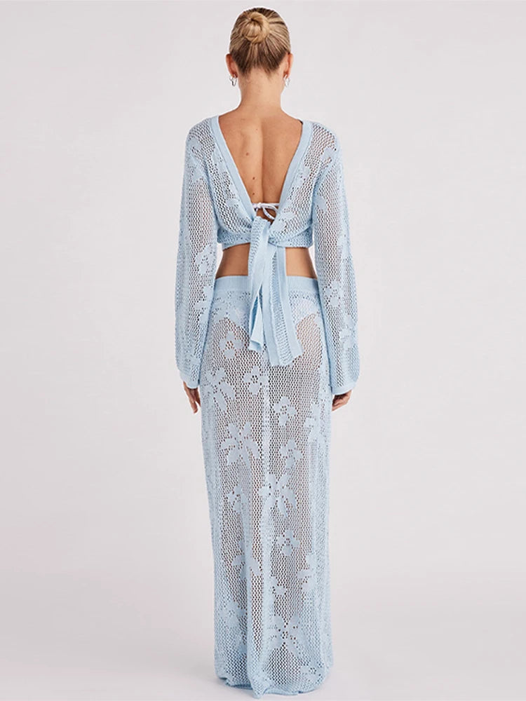 Aiertu  -  Hollow Out Knitted Beach Skirts Suit Women Sexy Bikini Cover-Ups Long Sleeve Crop Tops Long Skirt Set Holiday Crochet Beachwear Aiertu