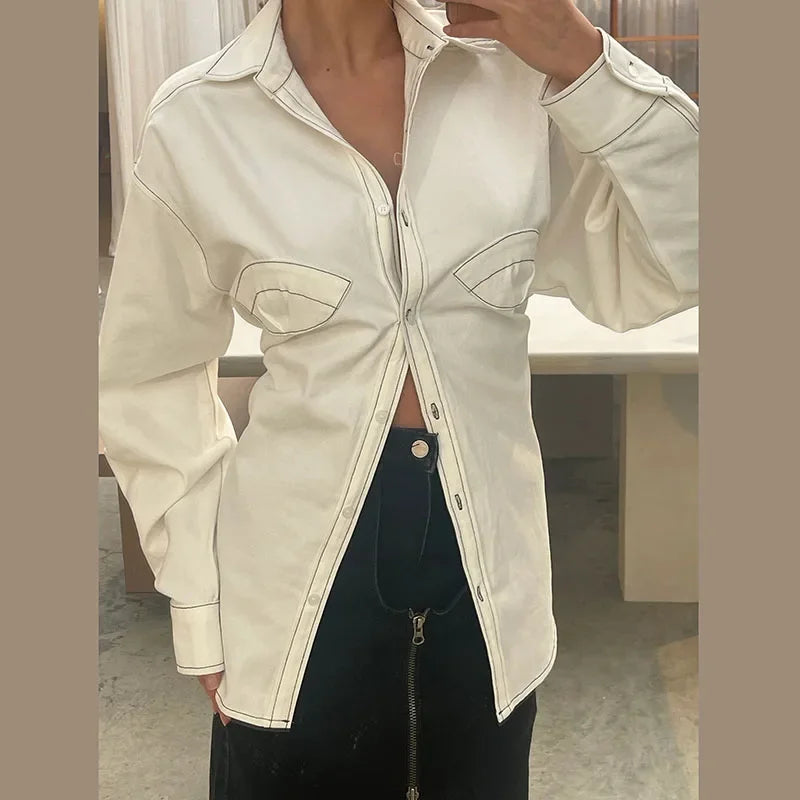 Aiertu  -  Fashion Loose Women's Shirts Chic Backless Pleated Lace Up Long Sleeve Female T-shirt 2025 Spring Lapel Single Breasted Lady Top Aiertu