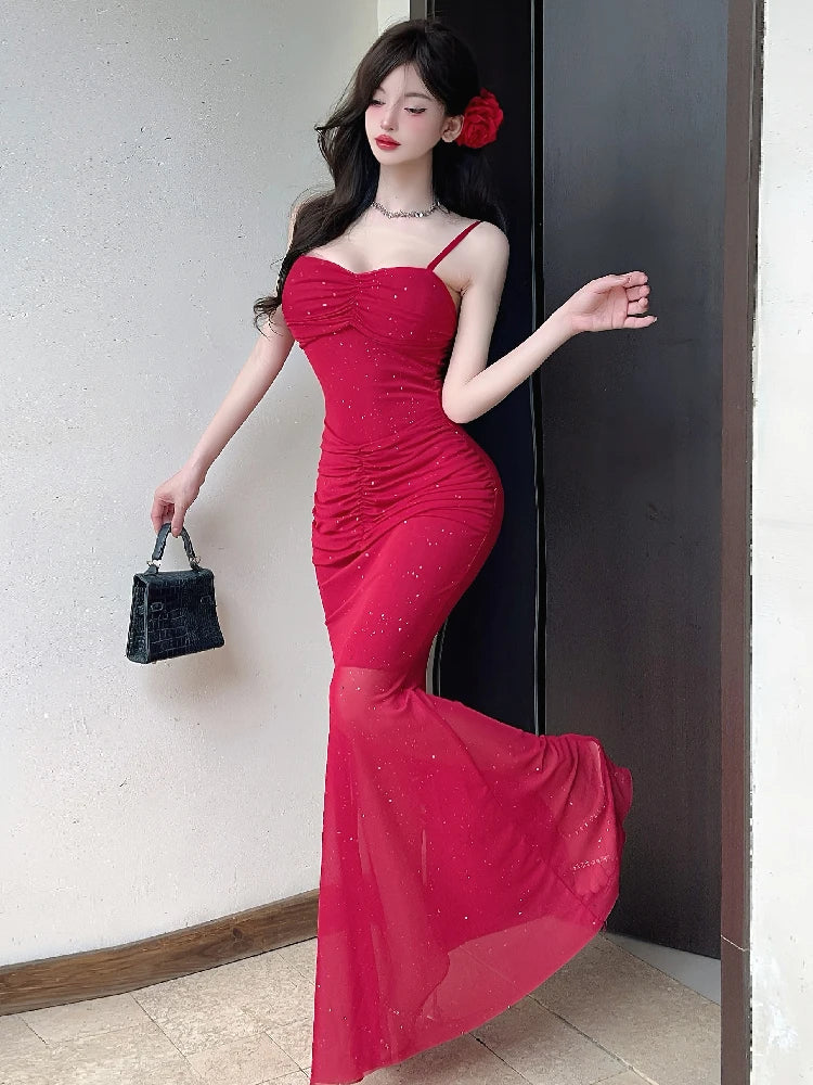 Aiertu  -   Sexy Shiny Mesh Suspender Evening Dresses Women 2025 Summer Temperament Slim Fit Waist Fishtail Party Long Dress Robe Aiertu