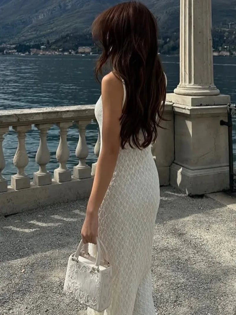 Aiertu  -  French Elegant Mesh Lace Dress Woman White Outfits Summer Spaghetti Strap Backless Fishtail Long Dresses P16-DD40 Aiertu