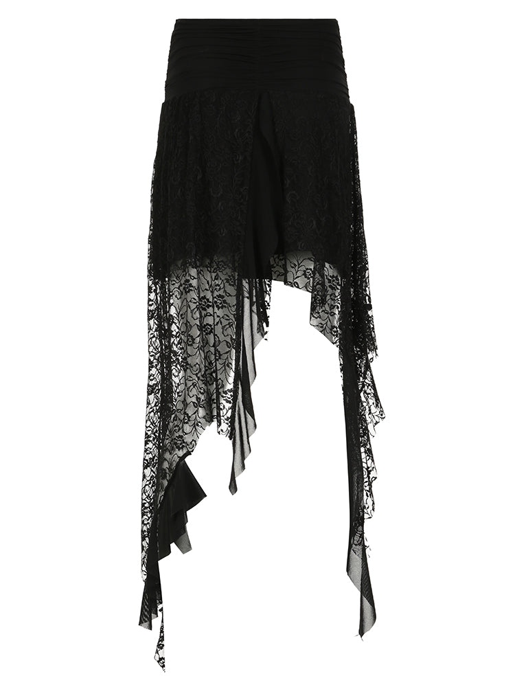 Aiertu - summer inspo Black Solid Goth Lace Midi Skirts Womens Asymmetrical Hem Chic Fashion Vacation Boho Outfits Aiertu