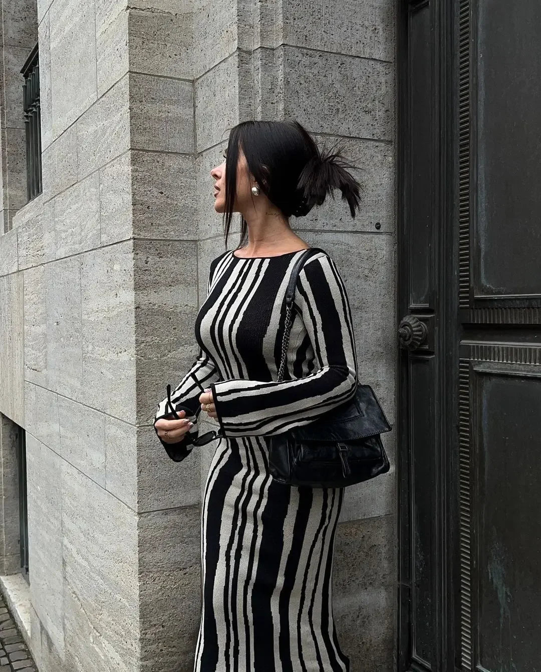 Aiertu  -  Women Chic Striped Printed Knitted O-neck Dresses Elegant Contrasting Color Long Sleeve Bodycon Dress 2026 Lady Party Streetwear Aiertu