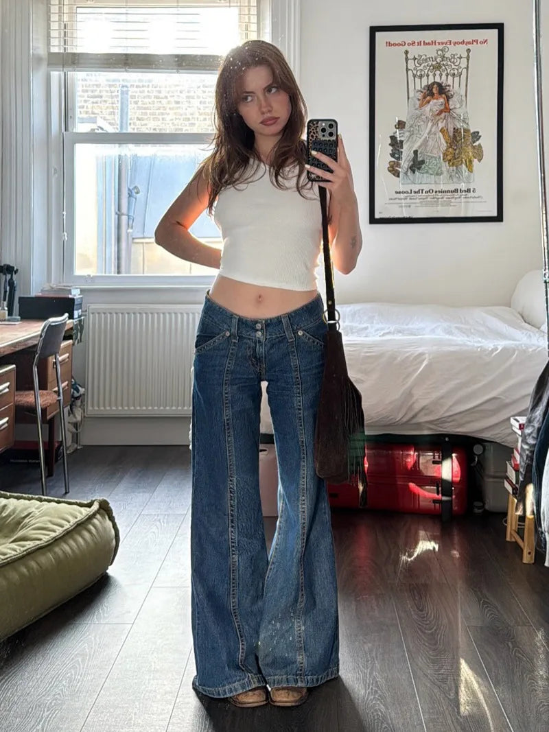 Aiertu  -  Blue Baggy Jeans Japanese 2000s Style Y2k Pants Downtown Girl Aesthetic Denim Flare Pants Streetwear Clothing P67-EZ55 Aiertu