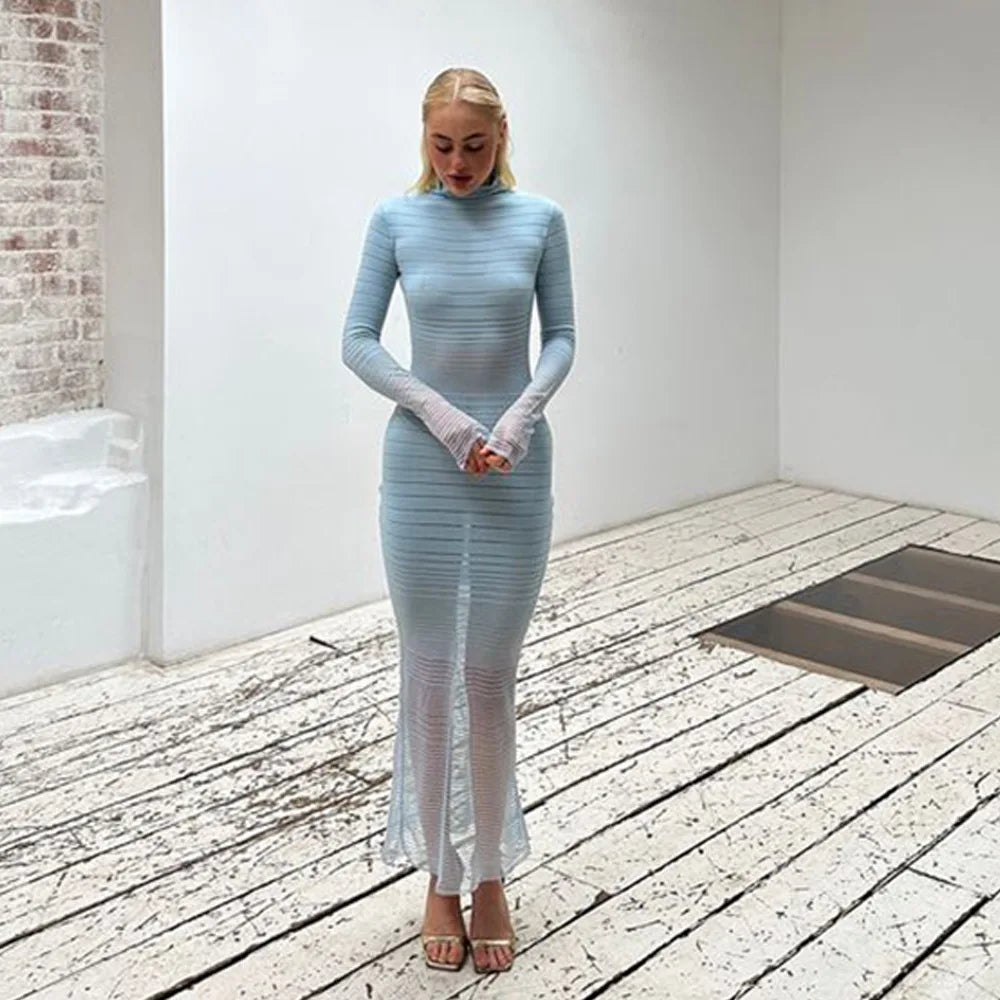 Aiertu  -  2026 Autumn Winter Striped See-through Knitted Long Dress Streetwear Sexy Women's Half High Collar Bodycon Evening Party Dresses Aiertu