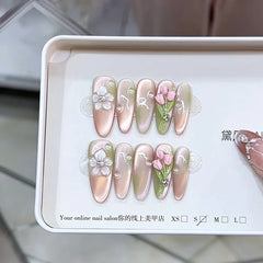 Aiertu  -  10PCS Sweet Flower Long Oval Handmade Press on Nail with Glitter Pink Cat Eye Gradient Summer Color Fake Nail Wearable Nail Tips Aiertu