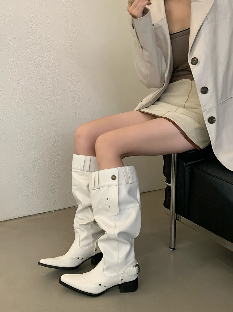 Aiertu    -  Black Boot Knee High Long Shoes Woman Pointed Toe Chunky Heels White Winter Boots Fashion Belt Buckle Rivet Wide-Leg Ladies Shoe Aiertu