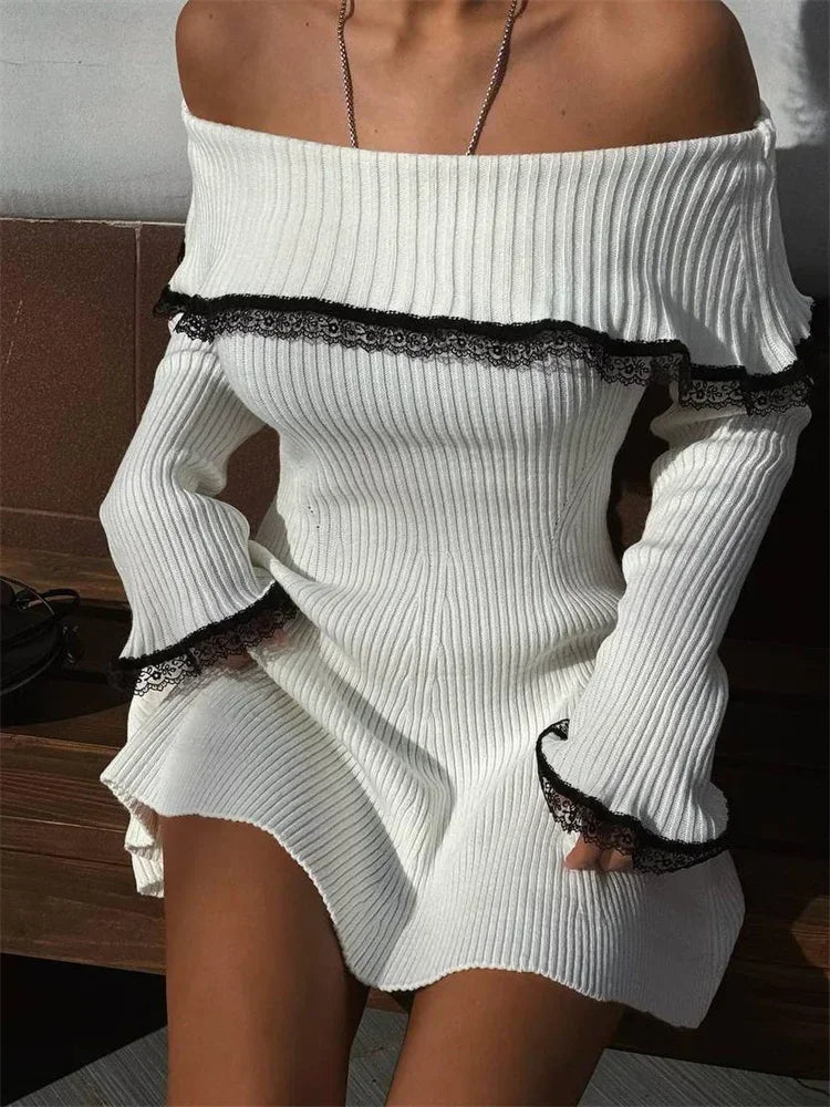 Aiertu  -  Knit Off Shoulder Sweater Dress For Women Sexy Lace Patchwork Rib Pullover Party Elegant Backless Knitwear Mini Dresses Aiertu