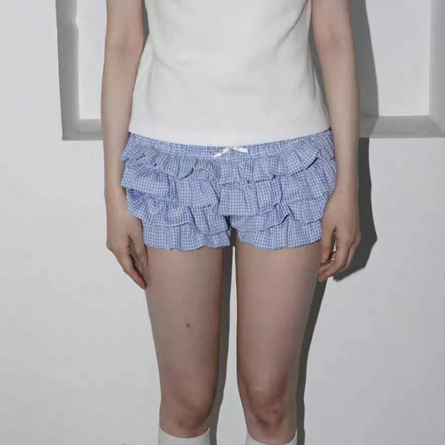 Aiertu  -  Y2K sweet trouser skirt sweet cool American low waist multi-layer wavy lace plaid cake shorts new Aiertu