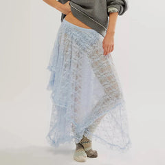 Aiertu  -  Floral Lace Long Skirt for Women Y2K Elastic Waist Asymmetrical Layered Maxi Skirt Sexy See Through Flowy Beach Skirt Aiertu