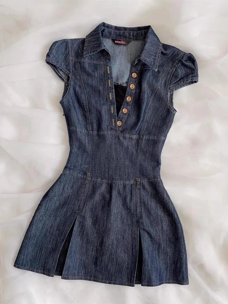 Aiertu  -  Spicy Girl Retro Denim Dress 2025 Summer Y2k Short Sleeve Button Streetwear Fashion Slim Fit Short Dresses Women's Mini Skirt Aiertu