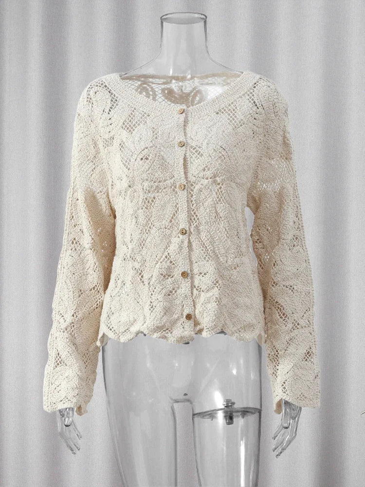 Aiertu  -  Fashion Hollow Out Buttons Shirt For Women Chic O Neck Single Breasted Long Sleeve Blouse 2026 Chic Female Commuting Streetwear Aiertu
