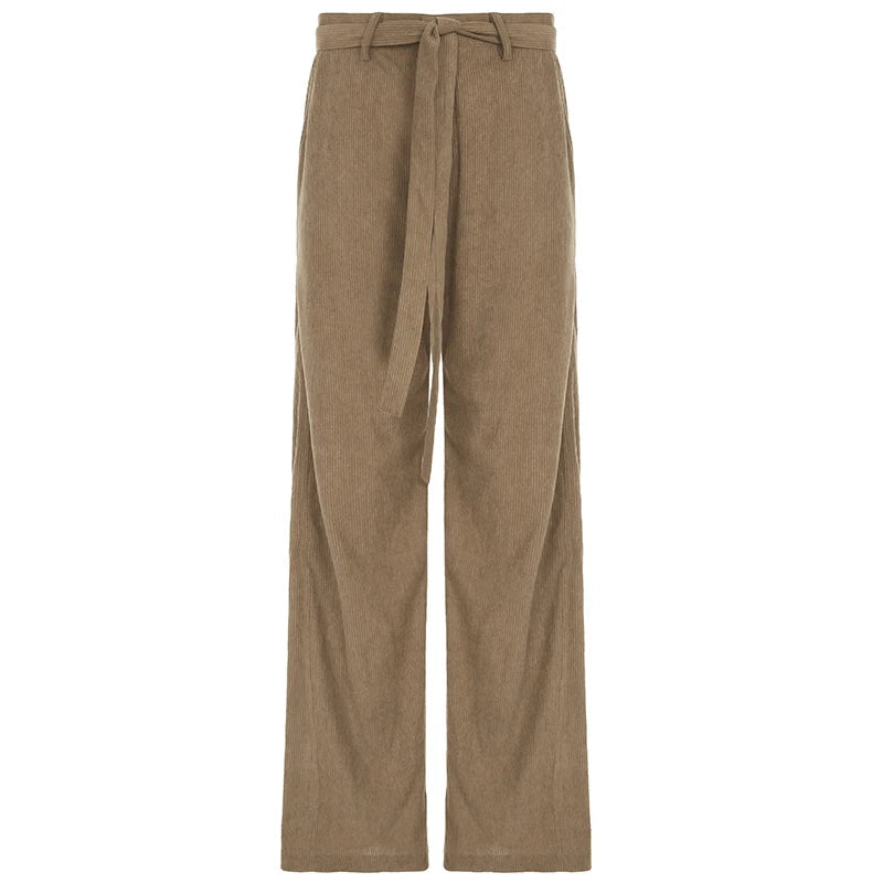 Aiertu  -  Women Corduroy Pants with Belt Y2K Brown Retro Casual Straight Trousers Minimalist Fashion Ladies Winter Streetwear Aiertu