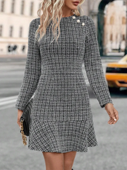 Aiertu  -  Stripe Knit Elegant Mini Dress Female High Waist Patchwork Ruffle Short Dresses Women's Commuting Vintage Knitwear Dress Aiertu