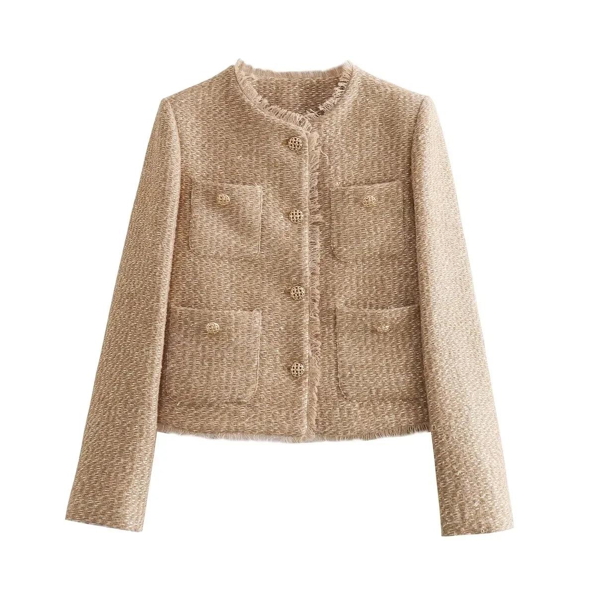 Aiertu  -  Tweed Woolen Khaki Short Blazer Jacket Pockets Tassel Office Lady Vintage Slim Elegant Coat Women Autumn Winter New Aiertu
