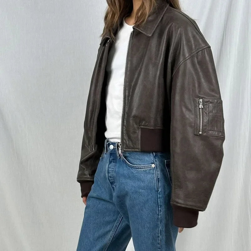 Aiertu  -  Fashion Lapel Leather Bomber Jacket Women Loose Zipper Long Sleeves Locomotive Coat Autumn New Lady High Street Outerwear Aiertu