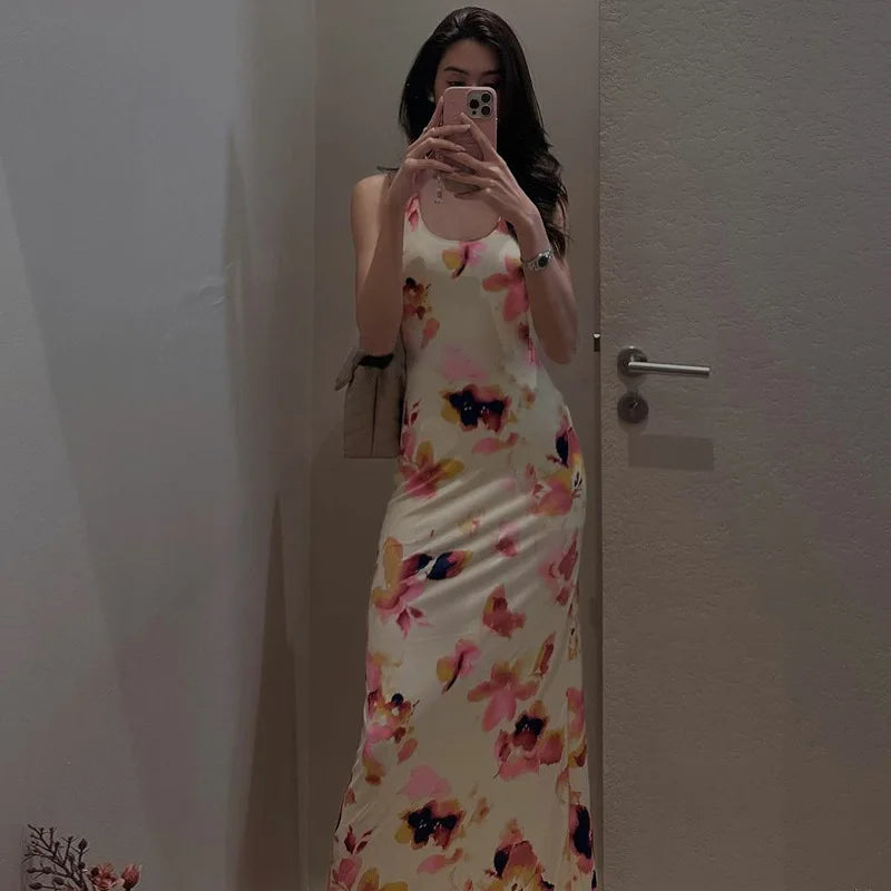 Aiertu  -   Sexy Backless Floral Print Slip Maxi Dress Beachwear Holiday Summer Sleeveless Long Dresse Robe Elegant Outfits Aiertu