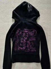 Aiertu  -  High Street Hip-hop Trendy Clothing Black Pattern Zipper Hoodie Y2k Gothic Retro Casual Comfortable Loose Cardigan Jacket Aiertu
