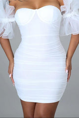 Aiertu Solid Color Ruffle Mesh Sleeve Pretty Bandeau Mini Dress Aiertu