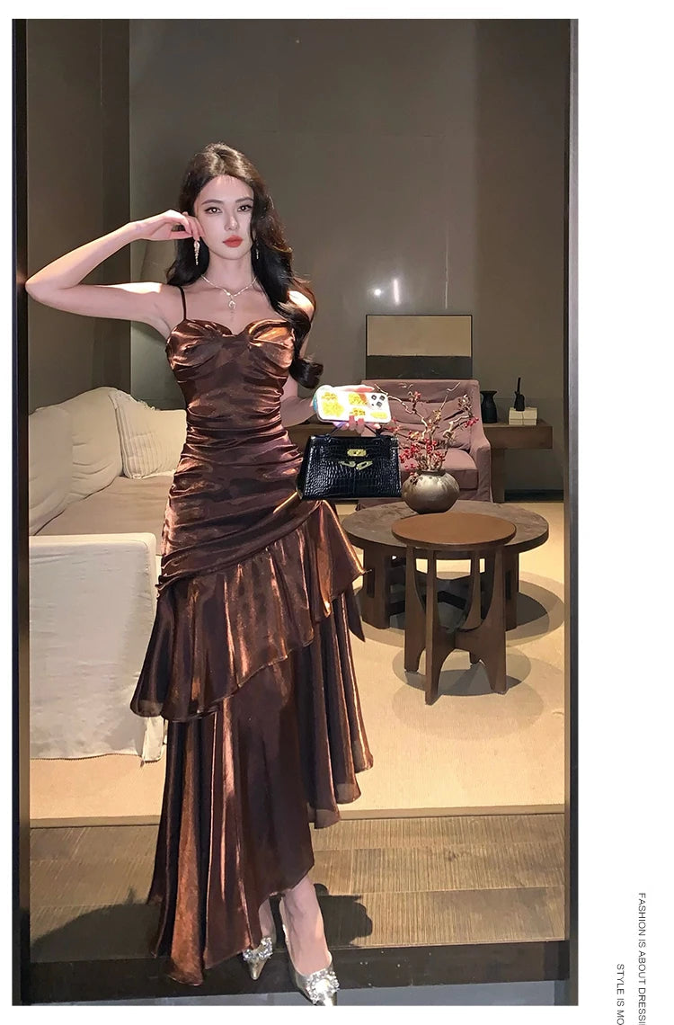 Aiertu  Vintage Long Dress Women Party Prom Sexy Spaghetti Strap Maxi Dresses Elegant Ruffles Robe Summer Korean Bodycon Vestidos Aiertu