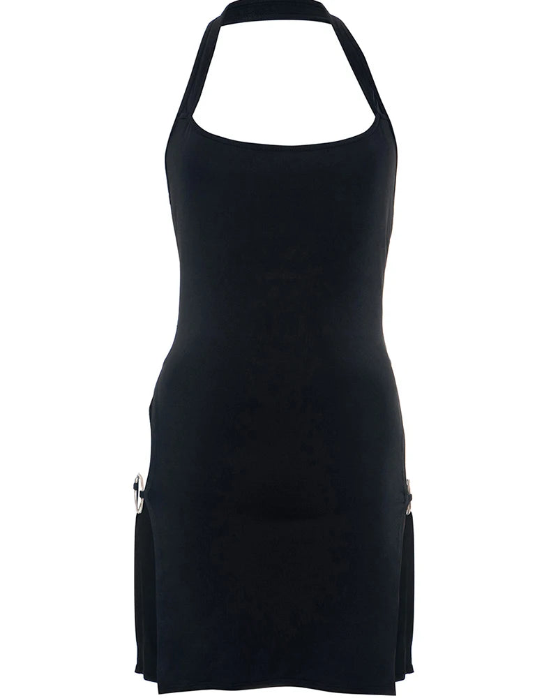 Aiertu Sexy Elegant A-line Mini Dress Women Sleeveless Backless Folds Bodycon Black Split Dress Party Aiertu