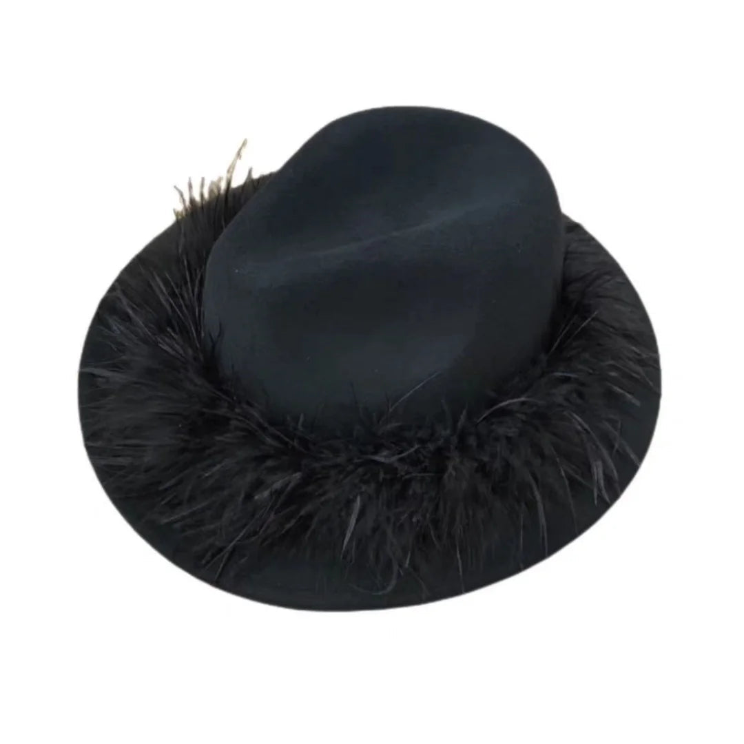 Aiertu  -  Black Fedora Hat For Women Men British Style Outdoor Flat Brim Top Hat Female Ostrich Fur Furry Wide Brim Party Cap Lady Aiertu