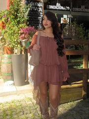 Aiertu  -  Chic Low Neck Lace Up Mini Dress Elegant Solid Flare Sleeve Pleated Off Shoulder Gown New Women Highstreet Holiday Dresses 2025 Aiertu
